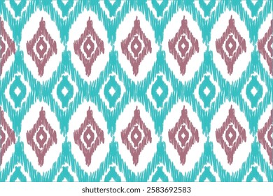 Ikat-Style textile pattern. The pattern consists of repeating diamond shaped motifs in turquoise, white, and brown colors, giving it a traditional woven fabric look.