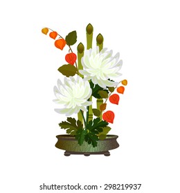 Ikebana with bamboo and chrysanthemums. Arrangement with white autumn flowers.