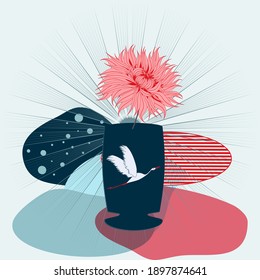 Ikebana. Chrysanthemum, vase, crane - vector. Interior. Floristics. Spring still life