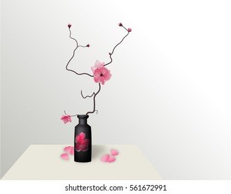 Ikebana. Composition. Figure Sakura flower. On a gradient background with a shadow. vector illustration