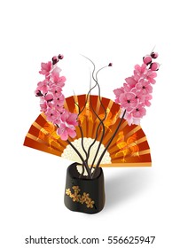 Ikebana. Composition. Sakura on the background of a fan with a picture of the cock. Isolated on white photo-realistic. vector illustration