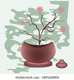 Ikebana - curved branch with flowers, ceramic vase - illustration, vector. Interior