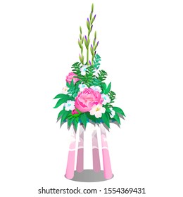 Ikebana of flowers on the table with pink legs and a white lace sheer tablecloth isolated on a white background. Vector cartoon close-up illustration