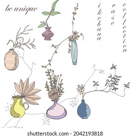 Ikebana Hand Drawn Set Of Vases With Plants And Dried Flowers. Illustration In Pastel Colors. Decorative Floral Decoration Elements, Patterns