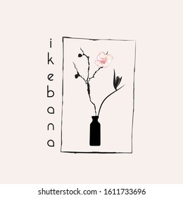 Ikebana illustration in a rectangle frame. Logo and branding for ikebana workshops and trainings.