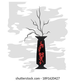 Ikebana - original black vase with red decor, curved branch - illustration, vector. Interior