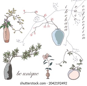 
Ikebana set of vases with plants and dried flowers.Hand drawn illustration in pastel colors. Decorative floral decoration elements, patterns