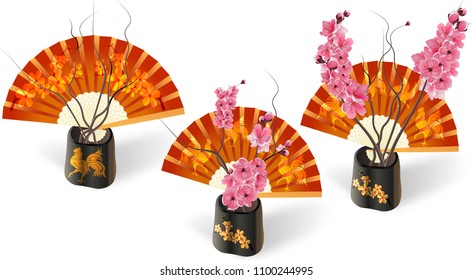 Ikebana. Three Sakura on a background of fans with the image of a cock and flowers. Isolated on white photo-realistic. vector illustration