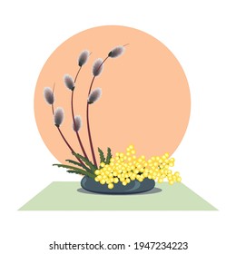 Ikebana with willow and mimosa. Vector illustration