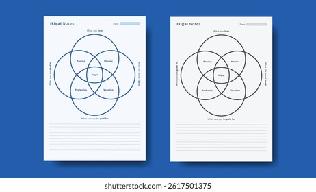 Ikigai notes template. Self-development planner to help growth and productivity. Minimalistic modern vector design isolated
