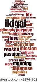 Ikigai word cloud concept. Collage made of words about ikigai. Vector illustration 