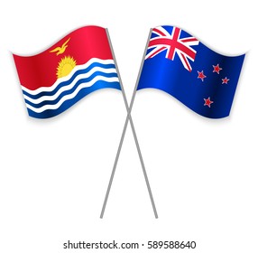 I-Kiribati and NZ crossed flags. Kiribati combined with New Zealand isolated on white. Language learning, international business or travel concept.