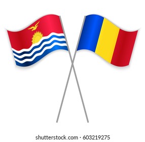 I-Kiribati and Romanian crossed flags. Kiribati combined with Romania isolated on white. Language learning, international business or travel concept.