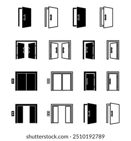 Ikon set pintu dan jendela rumah, sudut, furnitur, ikon lift orang, pintu keluar dan masuk. Desain sederhana moderna. Ilustrasi vektor garis dan siluet