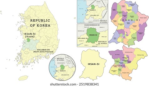 Ubicación de Iksan-si (Iksan) en el mapa de Jeollabuk-do (Provincia de Jeolla del Norte) y República de Corea (Corea del Sur). De color. Vectorizado