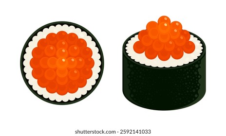 Ikura gunkan maki sushi with salmon roe. Japanese food, seafood, and asian traditional cuisine concept. Flat vector illustration iIsolated on white background