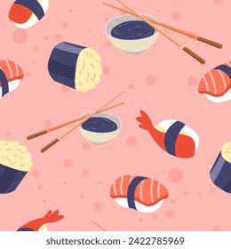 Ikura maki y sake sushi, hamachi con trozos de camarón. plato japonés con arroz y nori con palillos y salsa de soja en el bol. Patten, fondo o papel pintado sin inconvenientes. Vector de estilo plano