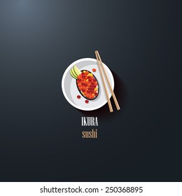 ikura sushi japanese delicacy food icon logo element for restaurant business design purposes- white plate with food and chopsticks- top view perspective- flat design