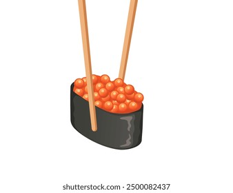 Ikura sushi piece with salmon roe held by chopsticks. Japanese cuisine promotions and restaurant menus. Delivery asian food service. Vector illustration isolated on white background.