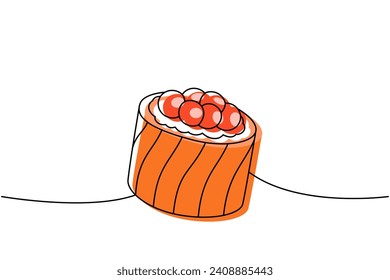Ikura sushi, tobiko maki sushi one line colored continuous drawing. Japanese cuisine, traditional food continuous one line illustration.