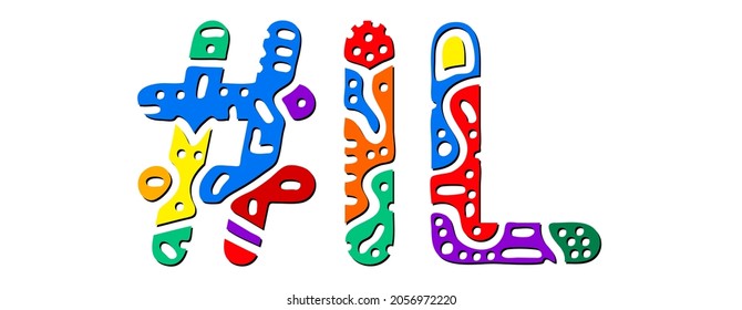 IL Hashtag. Multicolored bright isolate curves doodle letters. Hashtag #IL is abbreviation for the US American state Illinois for social network, web resources, mobile apps.