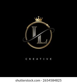 IL Luxus-Monogramm-Logo-Design mit goldener Krone auf schwarzem Hintergrund