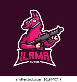 Ilama Mascot Logo Design Vektor mit modernem Illustrationsstil für Abzeichen-, Emblem- und T-Shirt-Druck. Ilama verwendet Waffen für E-Sport-Team