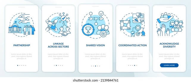 ILAP principles blue onboarding mobile app screen. Social planning walkthrough 5 steps graphic instructions pages with linear concepts. UI, UX, GUI template. Myriad Pro-Bold, Regular fonts used