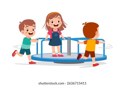 ildren playing on a merry go round with cheerful expressions in cartoon style