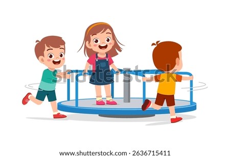 ildren playing on a merry go round with cheerful expressions in cartoon style