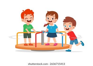 ildren Playing on a Merry-Go-Round with Joyful Smiles in a Playground Setting
