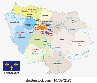ile de france administrative and political vector map with flag, france