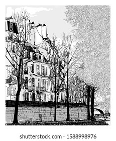 Ile Saint Louis in Paris, France - vector illustration (Ideal for printing on fabric or paper, poster or wallpaper, house decoration)