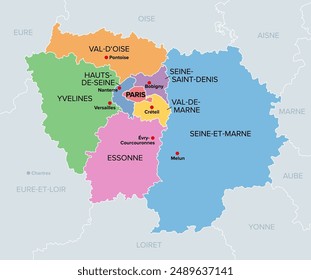 Ile-de-France, departments and prefectures of the Paris Region, multi colored political map. Most populous region of France, centered on the capital Paris, located in the countries north-central part.