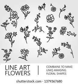 Ilegant Romantic and Charming Line Art Hand Drawn Flowers. Garden and Wild Floral and Botanical Elements. Graphic Design Vector Isoletet Bundle of Organic Elements. Combine them to make amasing Bouque