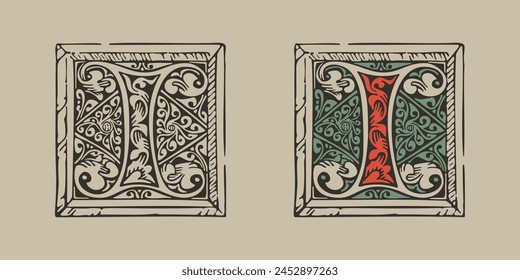 Iletter medieval inicial gótica iluminada por adornos de follaje. Gorra alemana grabada. Emblema pintado a mano de la Edad Oscura. Fuente clásica del alfabeto de Latina basada en el manuscrito de adorno del siglo XV.