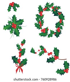ilex branch with berry and leaves, mistletoe set. symbol of christmas and new year, vector isolated drawing on white background. Christmas wreath. happy christmas and happy new year