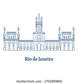 Ilha Fiscal Palace in Rio de Janeiro. The castle is linear on isolated white bsckground. Landmark for travel in Brazil. Outline drawing of a building in South America. Vector stock illustration.