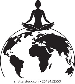 ilhouette of a woman meditating in a lotus pose on the world, a spiritual yoga illustration for peace and relaxation