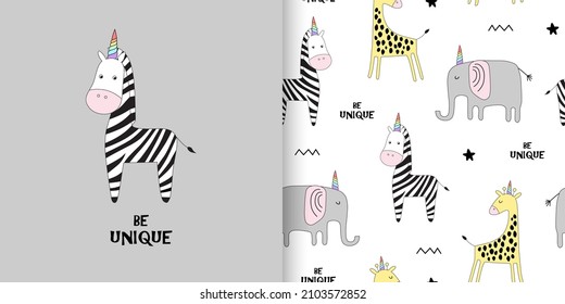 Iliustration and seamless childish pattern with cute animals witn horn. Creative scandinavian kids texture for fabric, wrapping, textile, wallpaper, apparel. Vector illustration