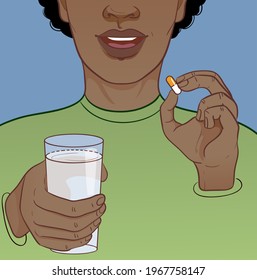 Ill African American man takes medicine, in one hand he has a pill, in another glass with water, vector image, eps10