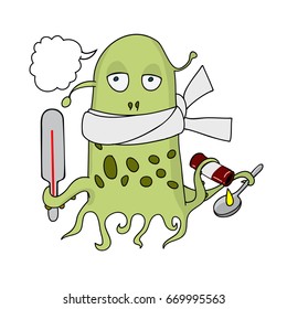Ill alien with a thermometer and medicine in the tentacles. A funny cartoon character, like an octopus.