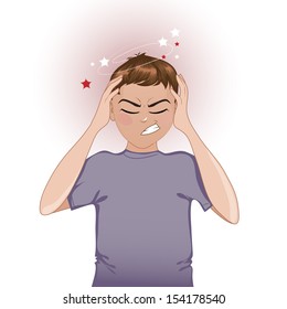 Ill boy complaints about headache, vector image