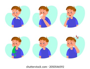 Ill boy with flu or cold flat vector illustrations set. Cartoon kid with symptoms of grippe, allergy or influenza, cough, nausea, fever, skin rash isolated on white background. Health, disease concept