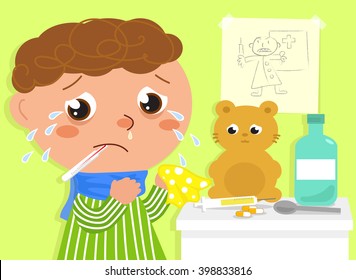 Ill boy in tears scared by syringe and doctor. Vector illustration about childhood.