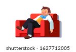 Ill business man with red nose from cold rhinitis sickness fell asleep reading book sitting on home armchair. Sick character sleeping resting recovering from fever on couch. Flat vector illustration