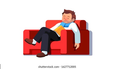 Ill business man with red nose from cold rhinitis sickness fell asleep reading book sitting on home armchair. Sick character sleeping resting recovering from fever on couch. Flat vector illustration