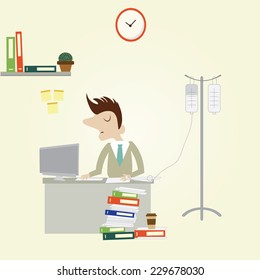 Ill Businessman with saline drip while working overload project. Vector cartoon illustration.