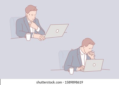 Ill Businessman, Sick Leave At Workplace Concept. Common Cold, Influenza, Ill Young Man With Computer, Sick Office Worker, Male Manager Suffering From Cough And Sore Throat. Simple Flat Vector