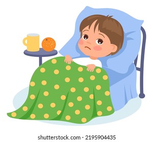 Ill Child. Kids Illnesses. Injuries And Ailments. Sick Boy Lying In Bed Under Blanket. Cold And Fever. Unwell Baby. Patient Treatment. Ailing Teen. Virus Infection